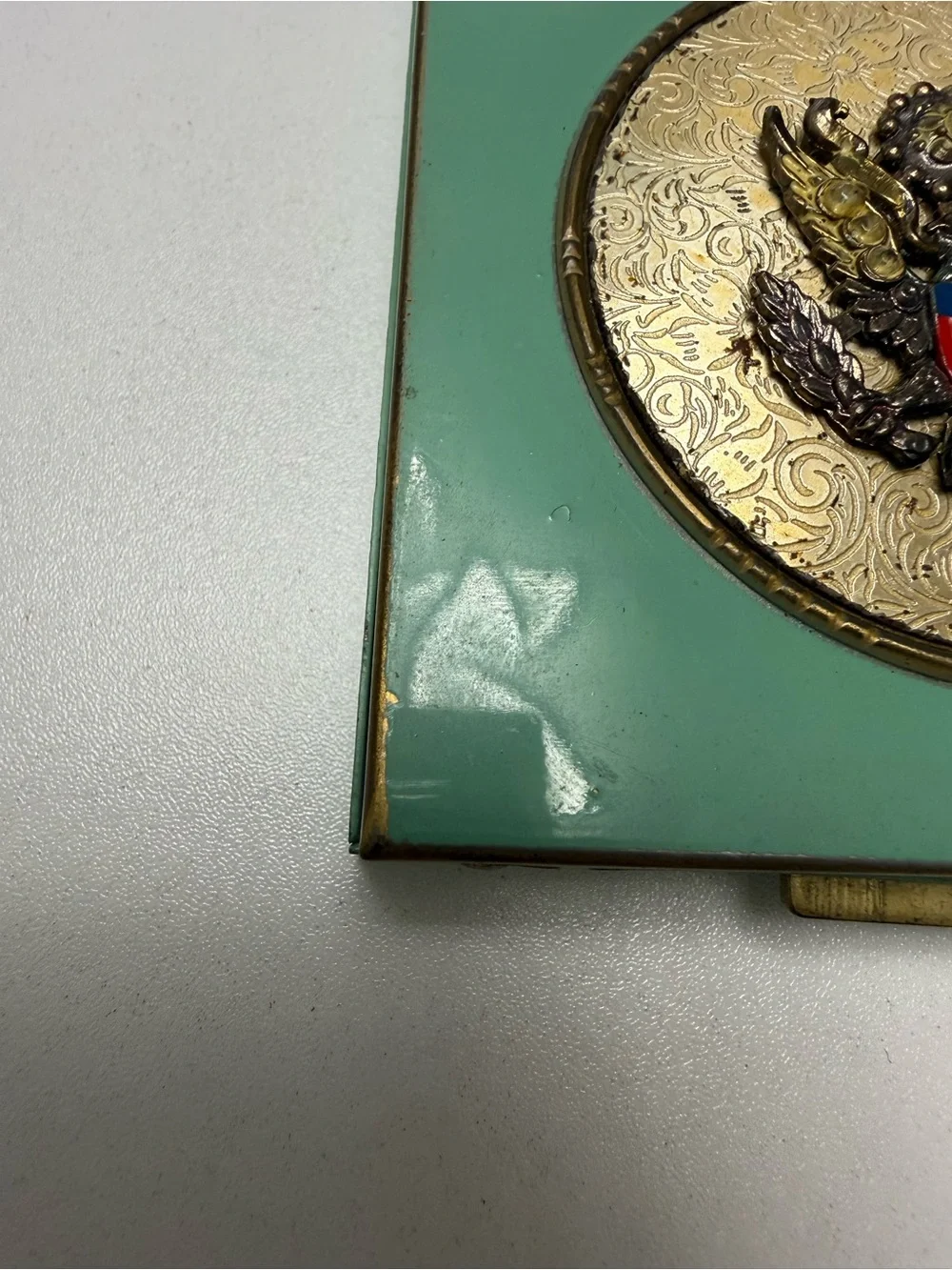 RARE 1940 Vintage Mint Green Enamel WWII Patriotic Makeup Compact Rhinestone